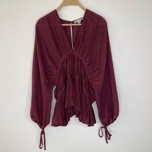 Vintage Fairycore Milkmaid Ruched Plunge Top Boho Peasant Y2K Blouse plum